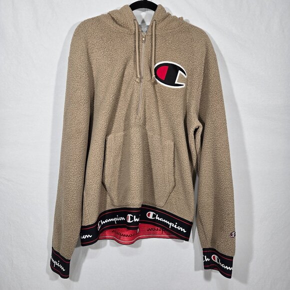 Y2K Champion Other - Y2K CHAMPION Streetwear TAN Spell Out Teddy Half Zip Sherpa Hoodie Men's Size L.
